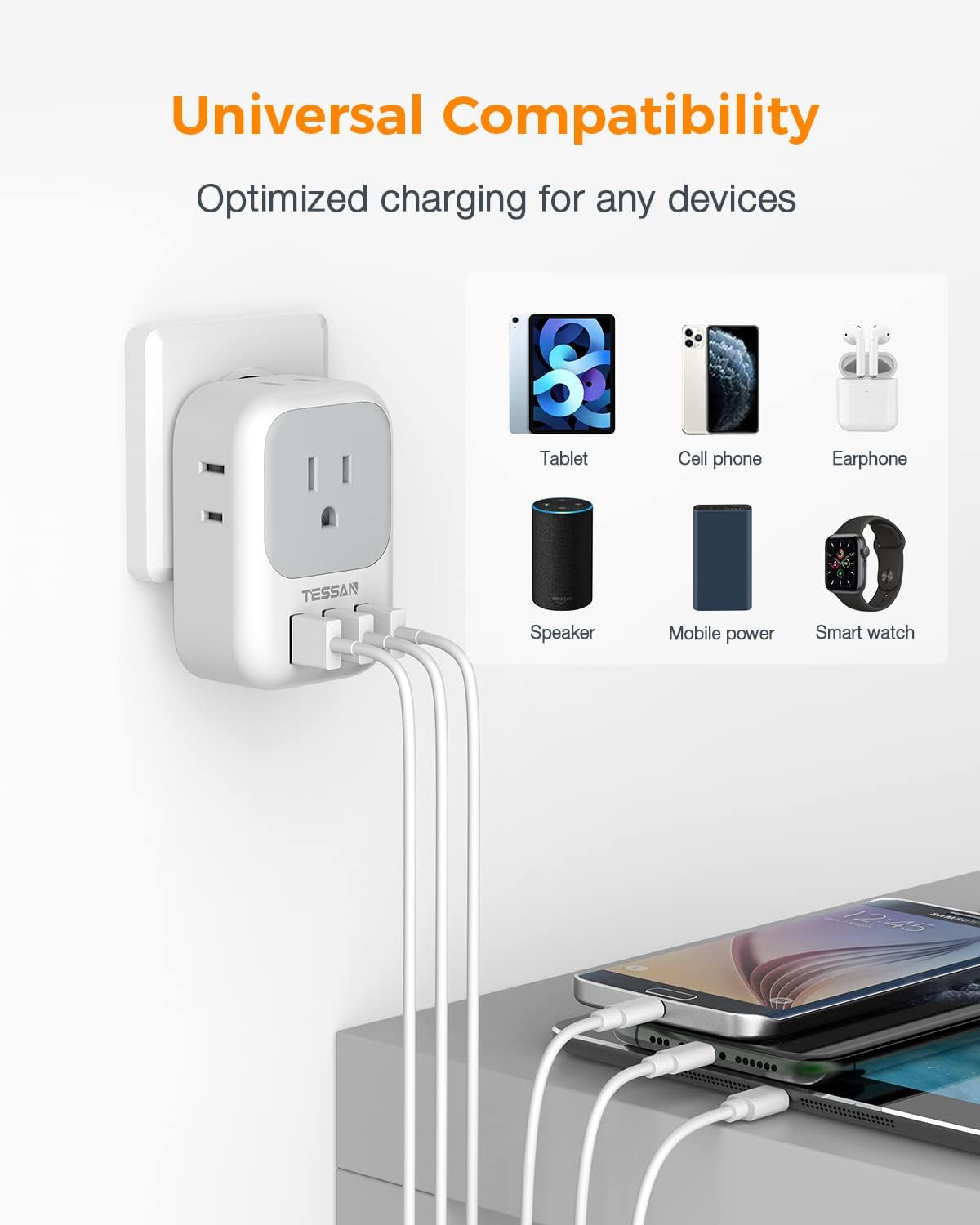 USB Charger Block, USB Plug Adapter with Electrical 4 Box Splitter 3 USB Wall Charger Ports, Multi Plug Outlet Extender Charging for Cruise, Travel, Office, Dorm Essentials