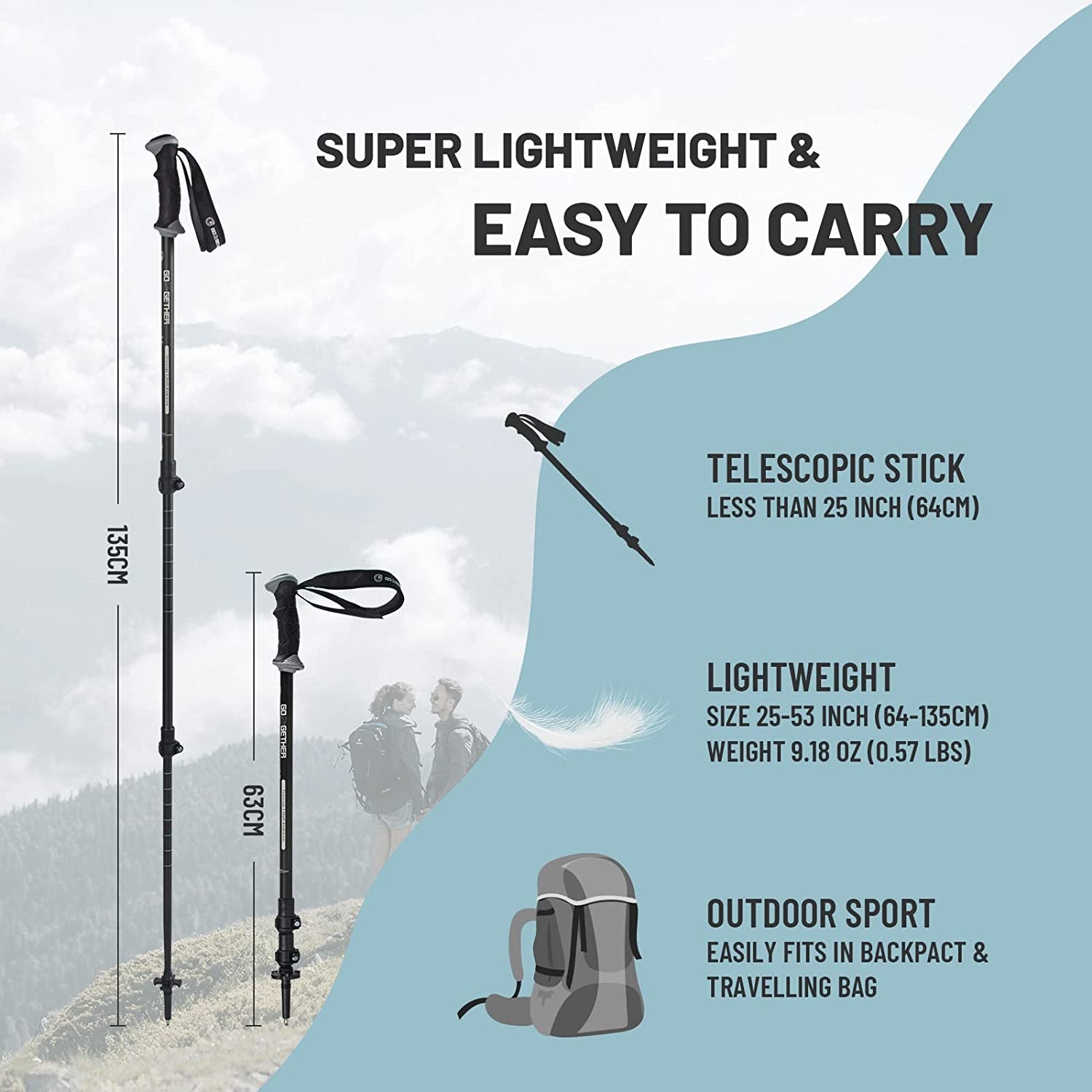 Trekking Hiking Poles Aluminum Hiking Walking Sticks with Quick Adjustable Locks - Comfort Handle - Padded Strap - Snow Baskets Attached-Suitable for Hiking, Walking