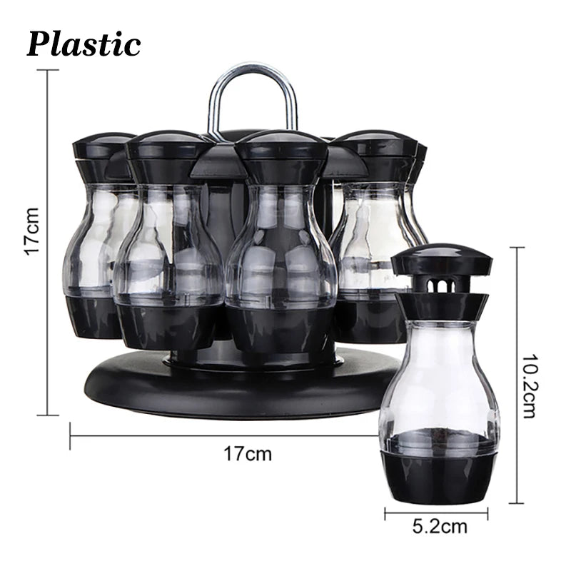 Rotating Cruet Condiment Seasoning Jars Set for Spices Pepper Sprays Bottles Salt Shakers Holder Kitchen Storage Rack Organizer